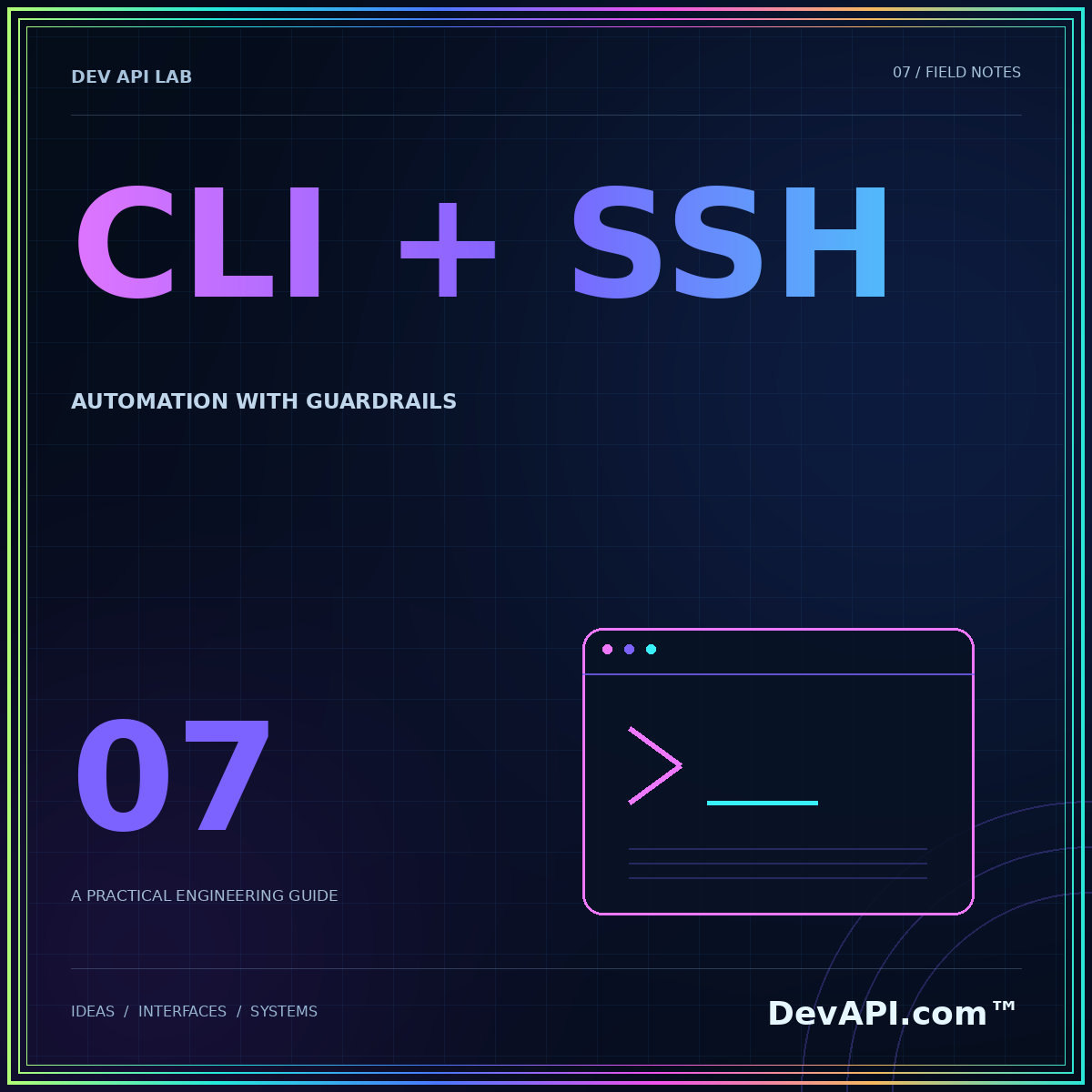 CLI and SSH automation without hidden assumptions — neon typographic artwork with DevAPI.com™ branding