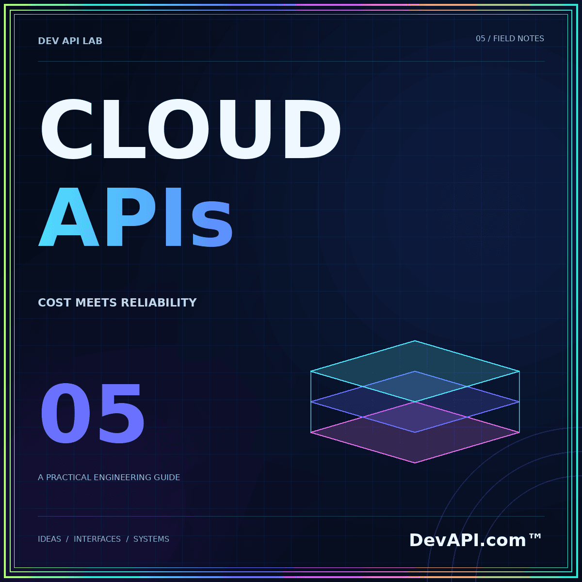 Cloud API architecture: cost meets reliability — neon typographic artwork with DevAPI.com™ branding