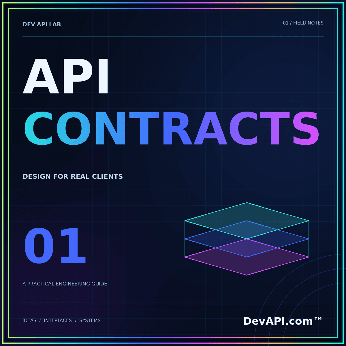 Design an API contract your clients can trust — neon typographic artwork with DevAPI.com™ branding