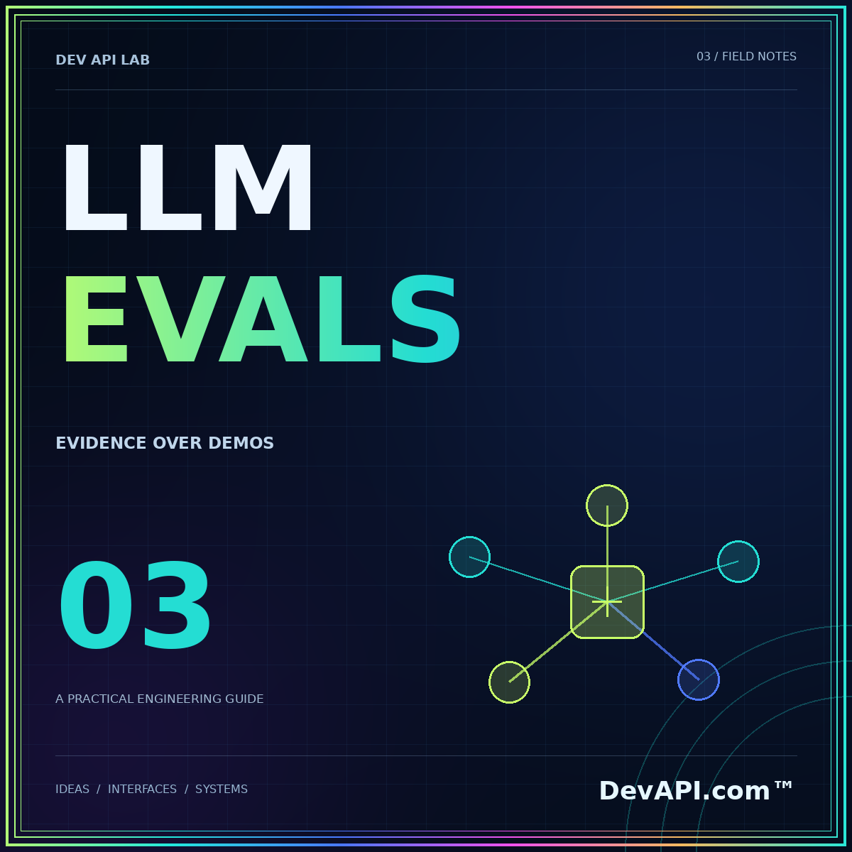 Evaluate LLM APIs with evidence, not demos — neon typographic artwork with DevAPI.com™ branding