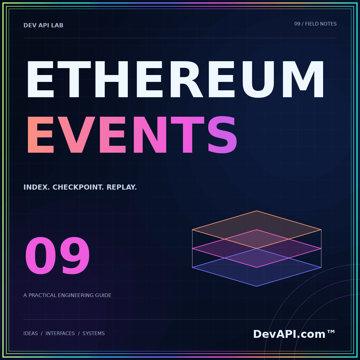 Ethereum event indexing that can be replayed — neon typographic artwork with DevAPI.com™ branding