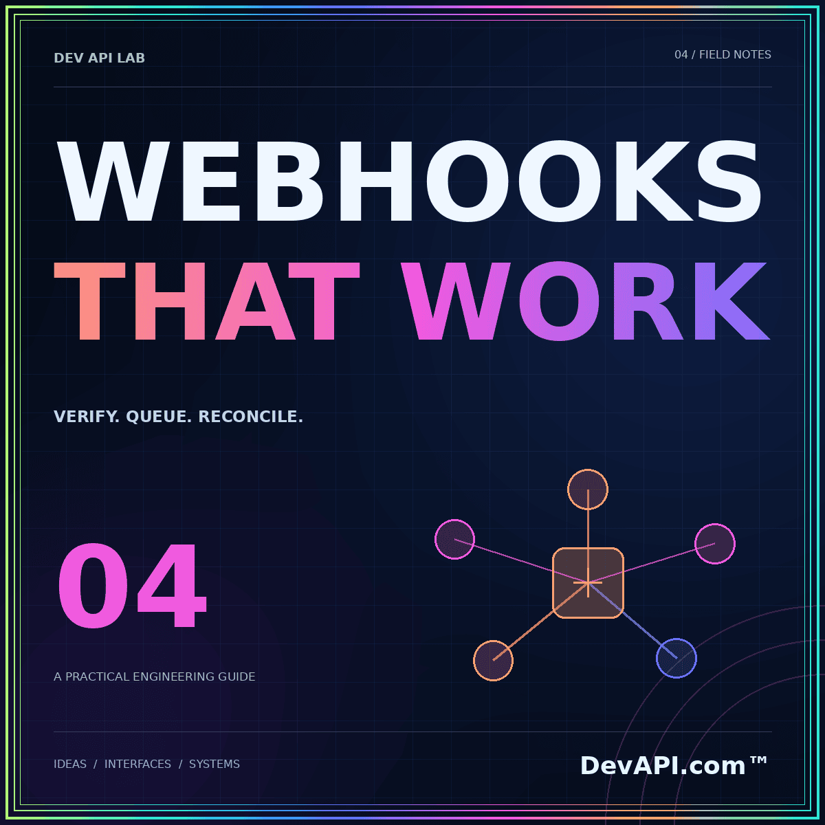 Build GitHub webhooks that recover cleanly — neon typographic artwork with DevAPI.com™ branding
