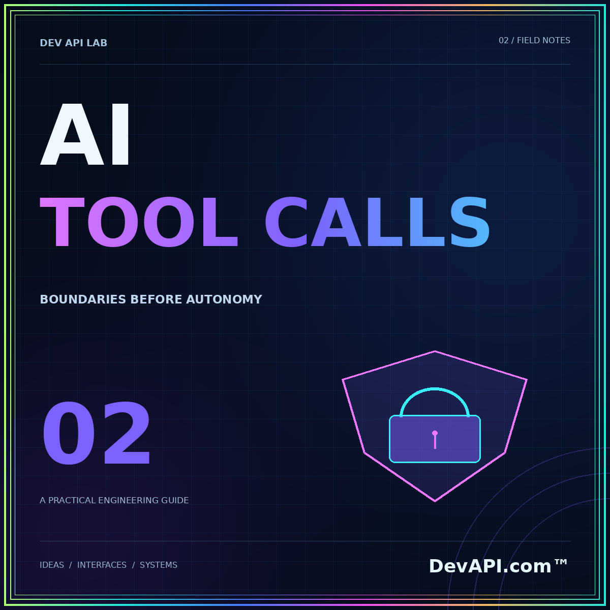 AI tool calling: put boundaries before autonomy — neon typographic artwork with DevAPI.com™ branding