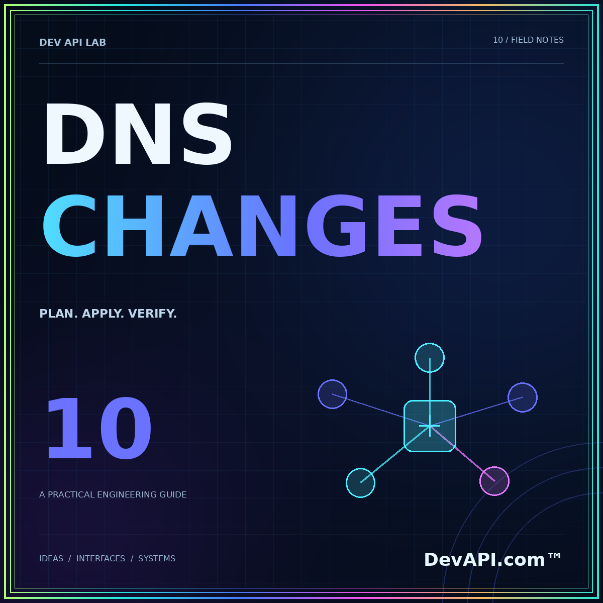 DNS automation: plan, apply, and verify — neon typographic artwork with DevAPI.com™ branding