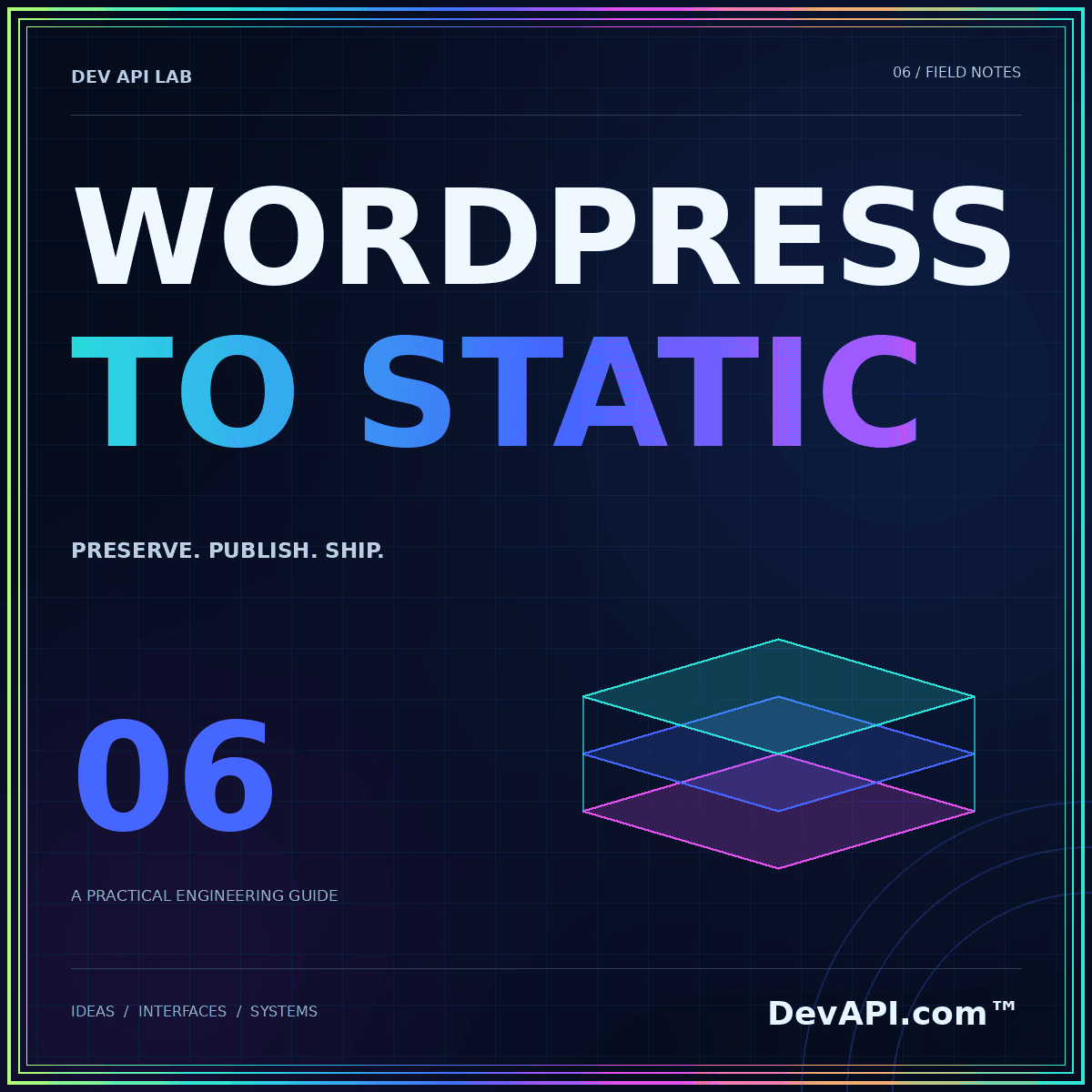 WordPress to static: preserve the publication — neon typographic artwork with DevAPI.com™ branding