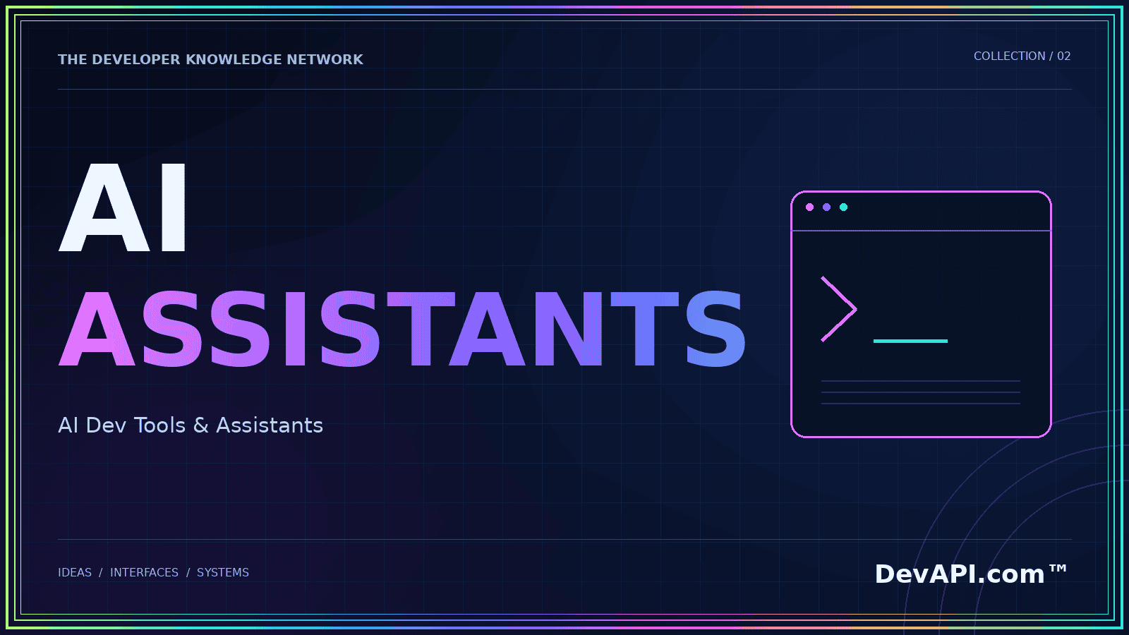 AI Dev Tools & Assistants — neon typographic artwork with DevAPI.com™ branding