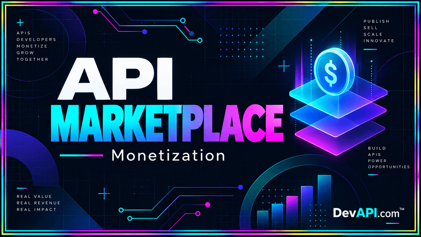 API Marketplace & Monetization — neon typographic artwork with DevAPI.com™ branding
