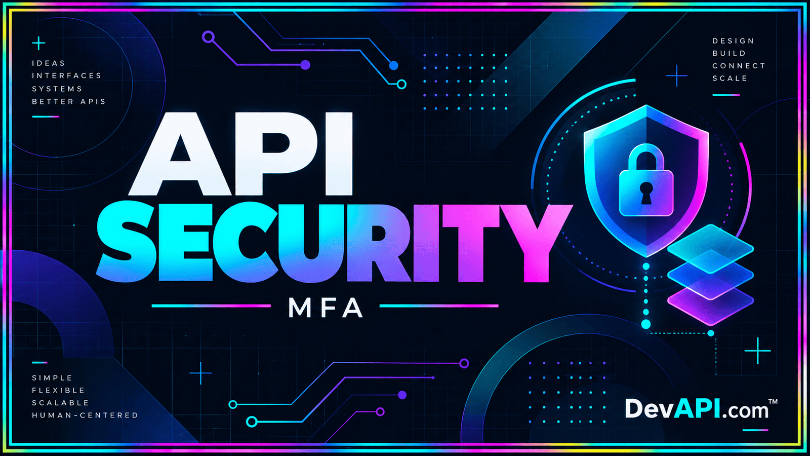API Security & MFA — neon typographic artwork with DevAPI.com™ branding