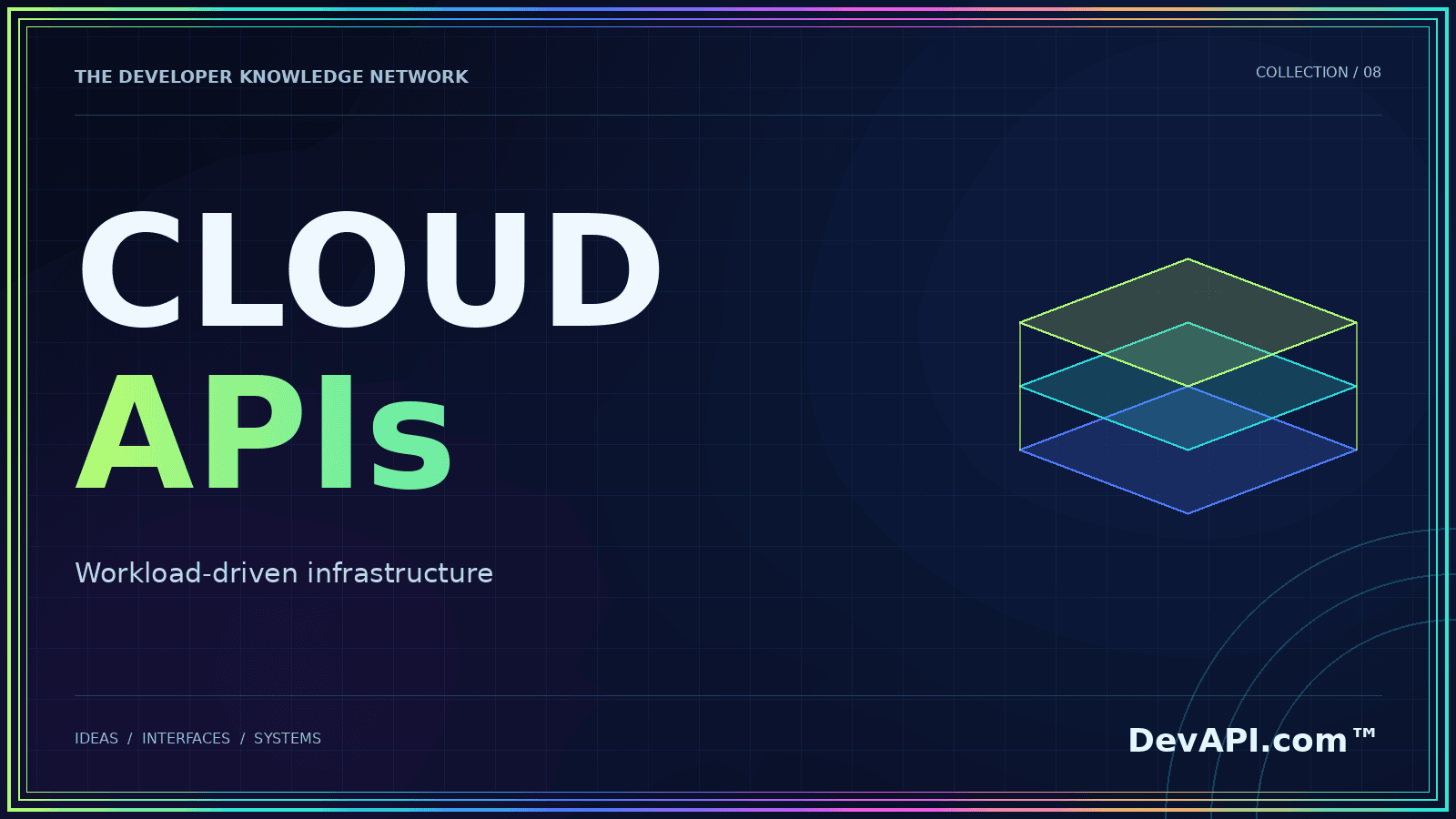 Cloud Dev API — neon typographic artwork with DevAPI.com™ branding