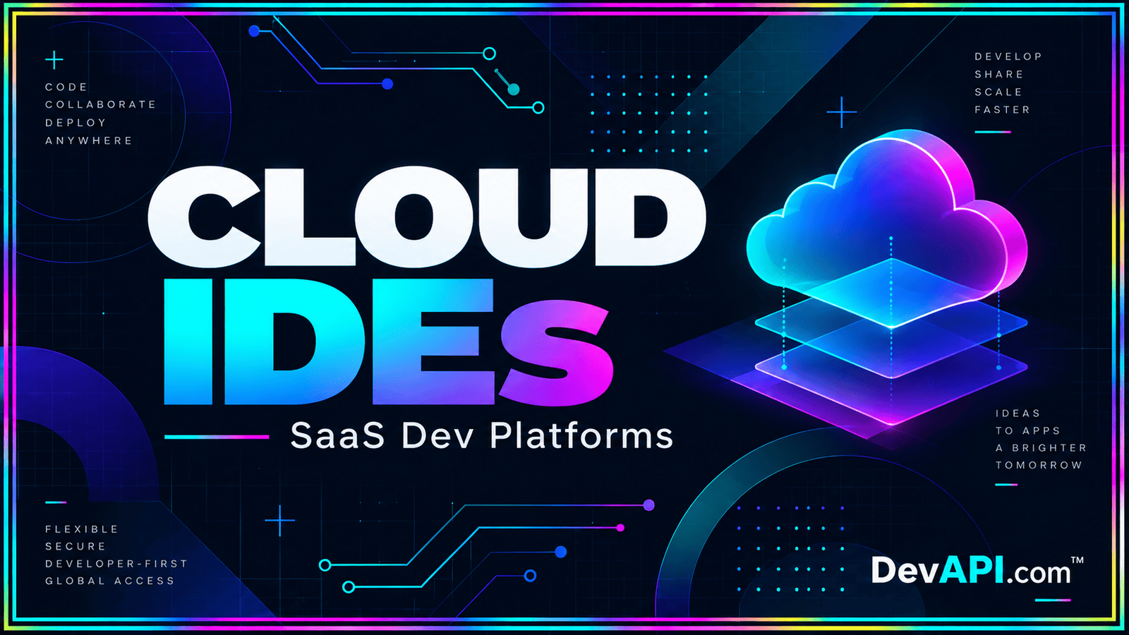 Cloud IDEs & SaaS Dev Platforms — neon typographic artwork with DevAPI.com™ branding