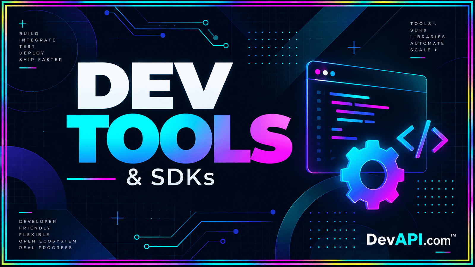 Dev Tools & SDKs — neon typographic artwork with DevAPI.com™ branding