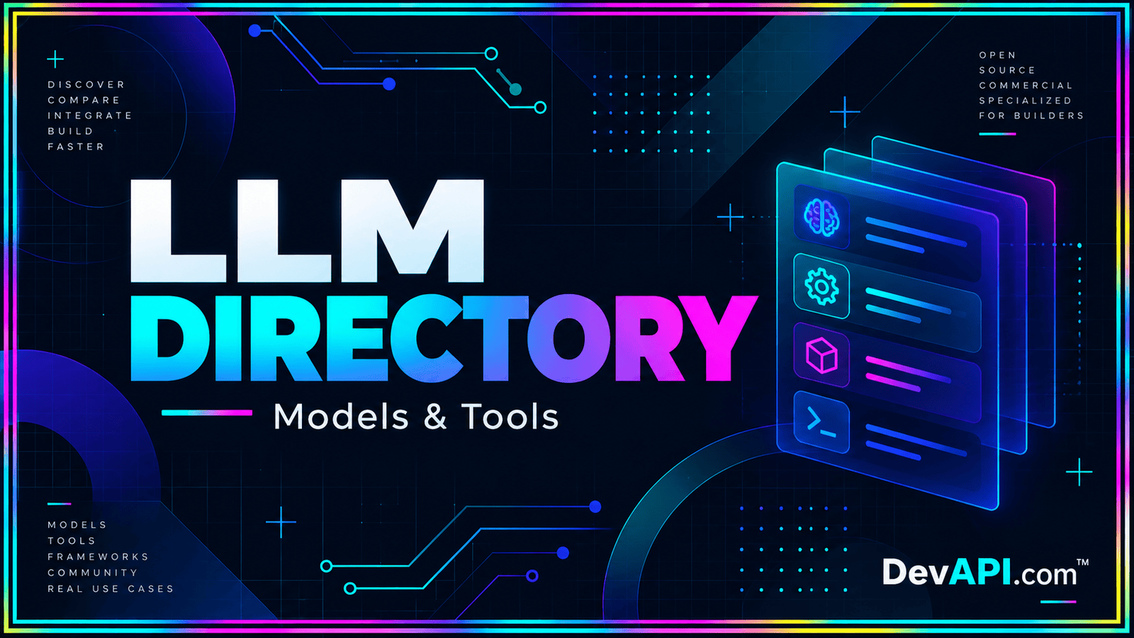 LLM Directory — neon typographic artwork with DevAPI.com™ branding