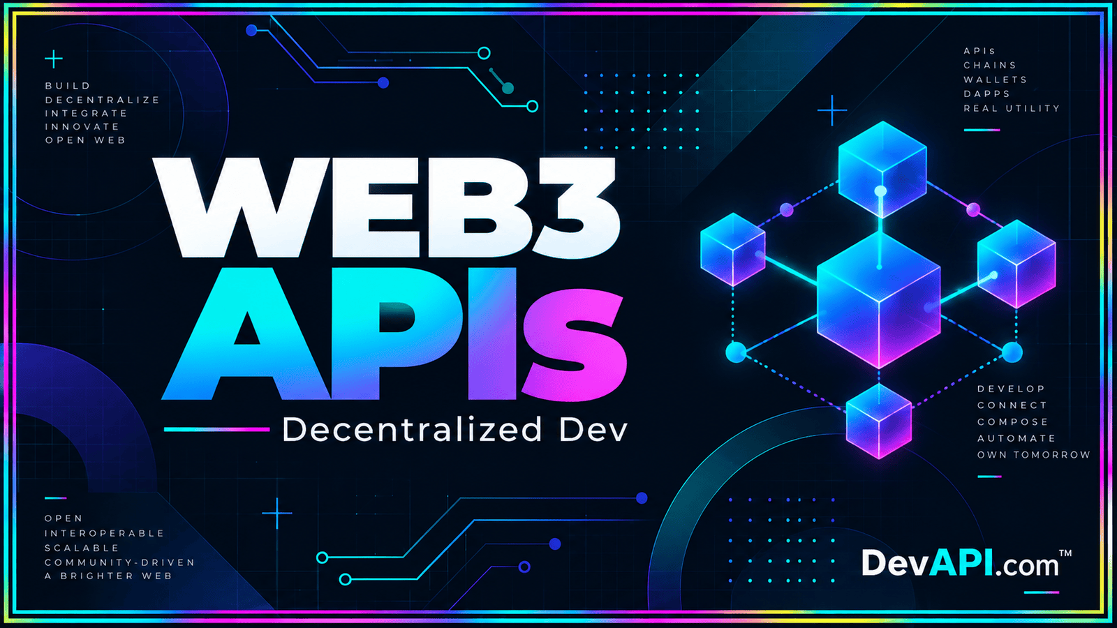 Web3 APIs & Decentralized Dev — neon typographic artwork with DevAPI.com™ branding