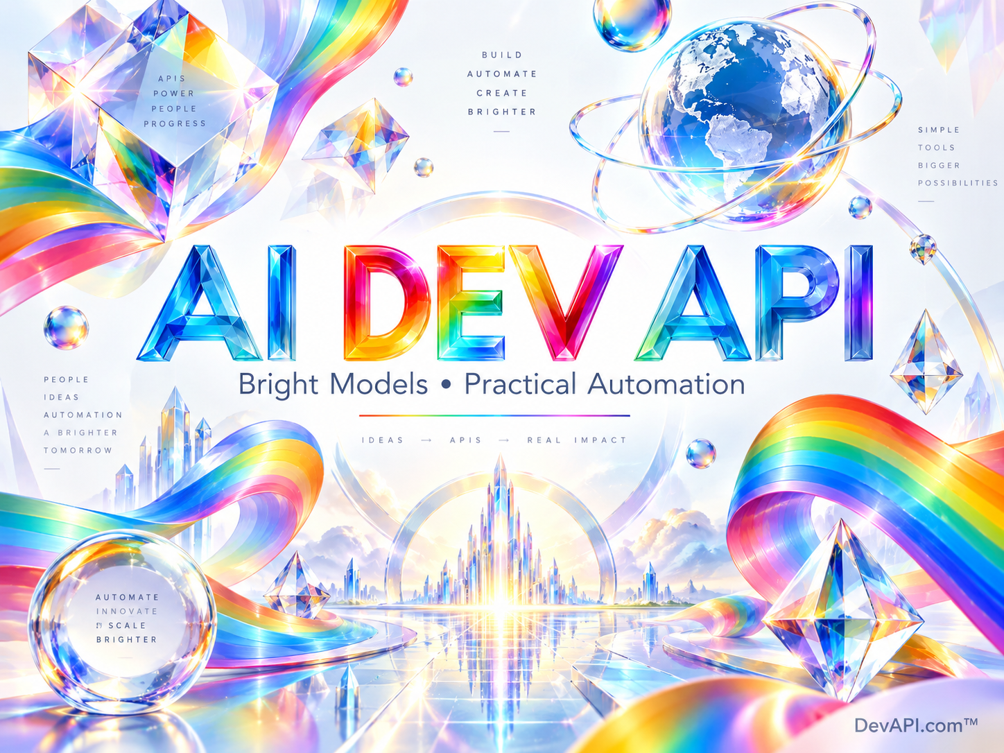 AI Dev API in rainbow typography with luminous crystals and flowing ribbons, branded DevAPI.com.