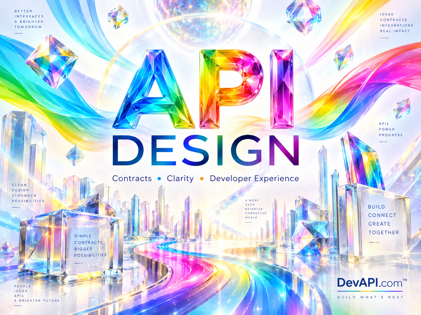 API Design in rainbow typography with luminous crystals and flowing ribbons, branded DevAPI.com.