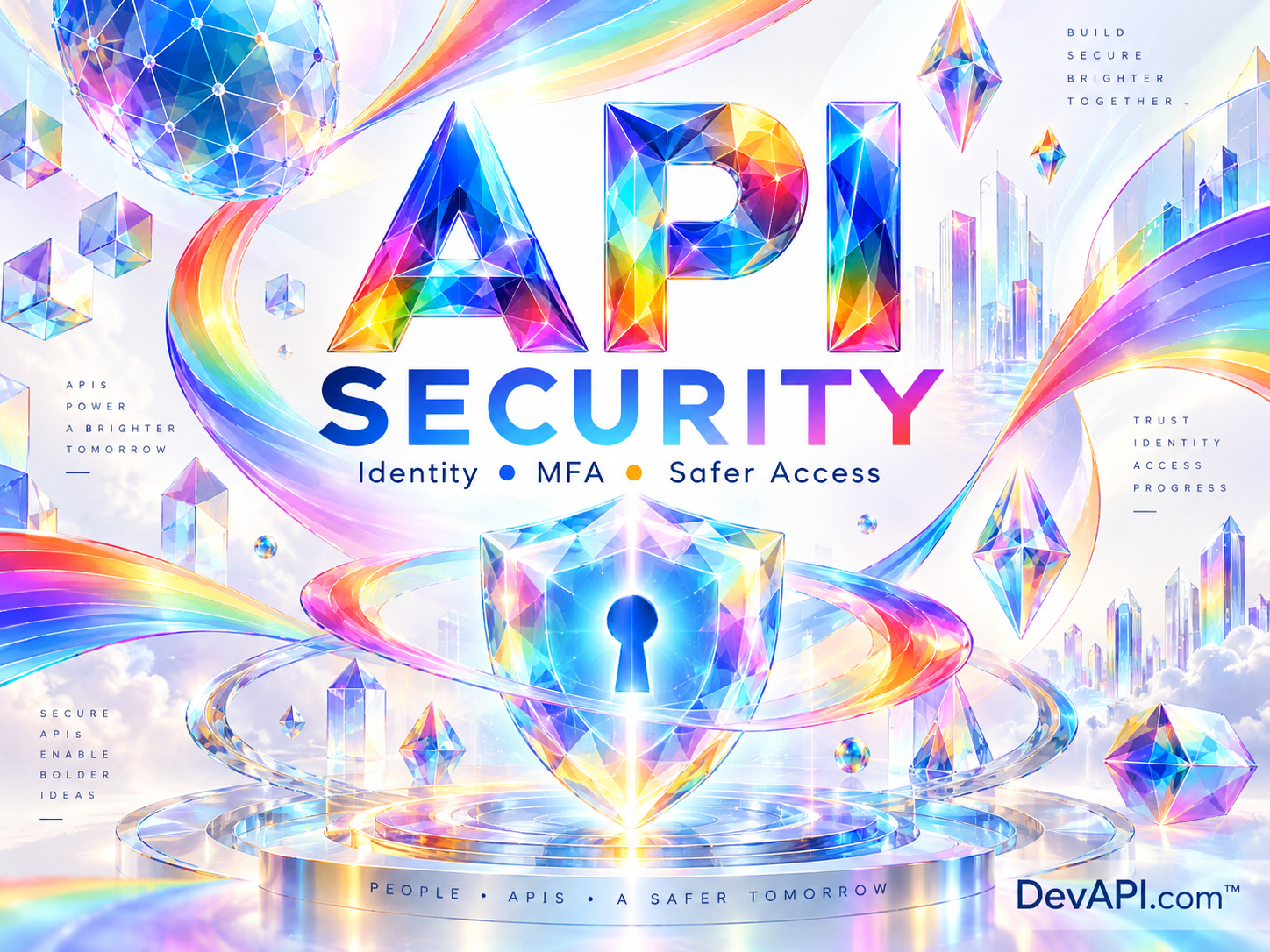 API Security in rainbow typography with luminous crystals and flowing ribbons, branded DevAPI.com.