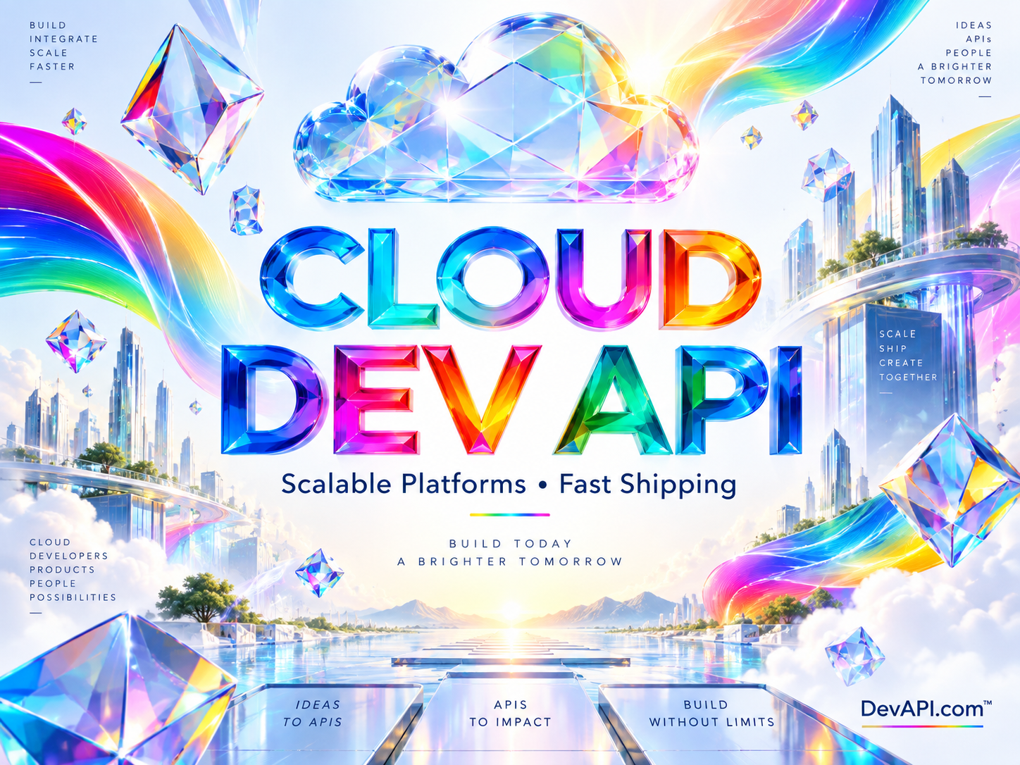 Cloud Dev API in rainbow typography with luminous crystals and flowing ribbons, branded DevAPI.com.