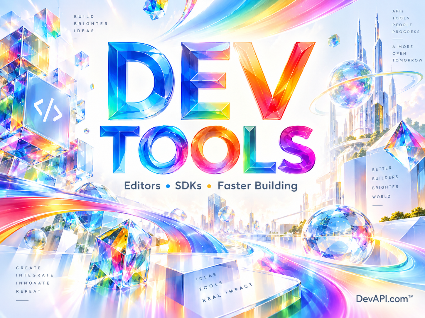 Dev Tools in rainbow typography with luminous crystals and flowing ribbons, branded DevAPI.com.