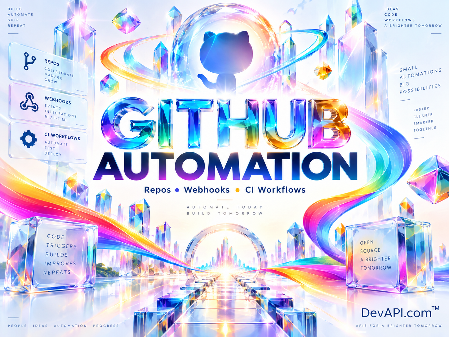 GitHub Automation in rainbow typography with luminous crystals and flowing ribbons, branded DevAPI.com.