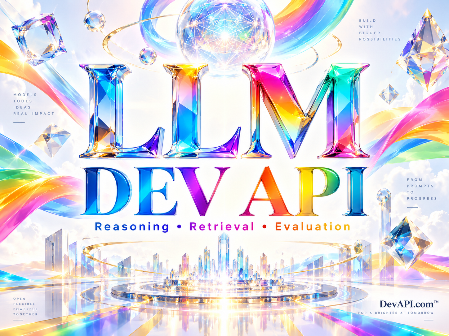 LLM Dev API in rainbow typography with luminous crystals and flowing ribbons, branded DevAPI.com.