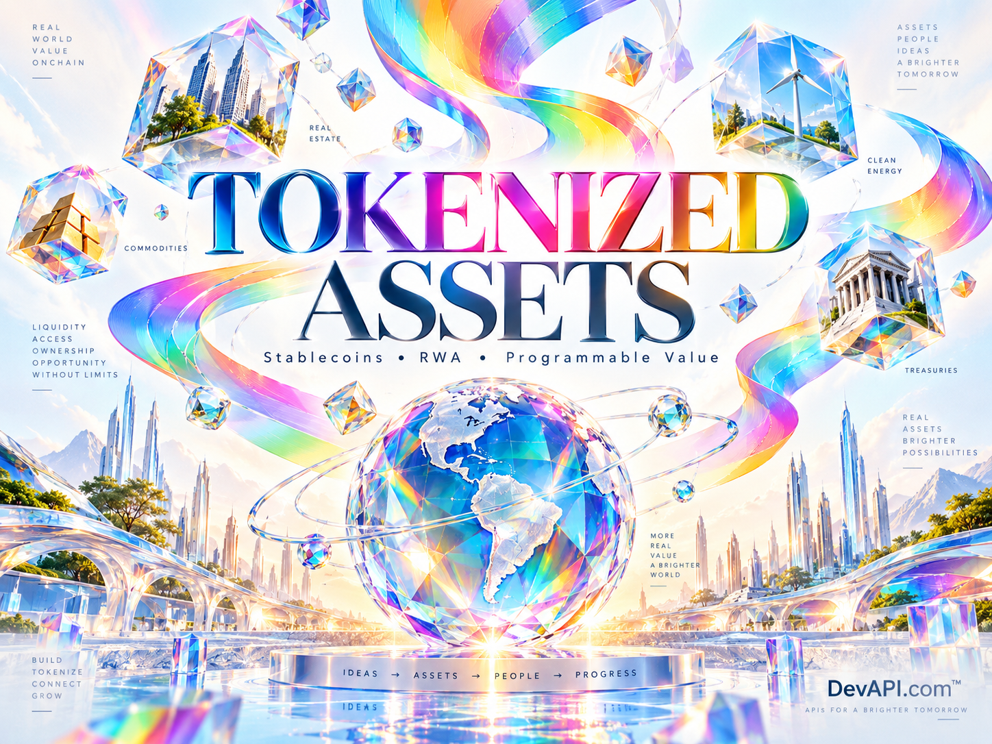 Tokenized Assets in rainbow typography with luminous crystals and flowing ribbons, branded DevAPI.com.