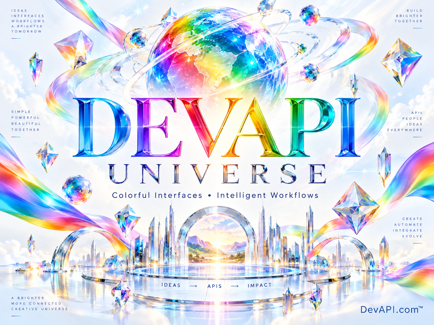 DevAPI Universe: rainbow glass lettering, a luminous globe, and prismatic ribbons.
