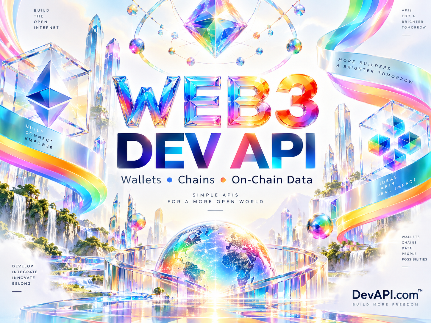 Web3 Dev API in rainbow typography with luminous crystals and flowing ribbons, branded DevAPI.com.