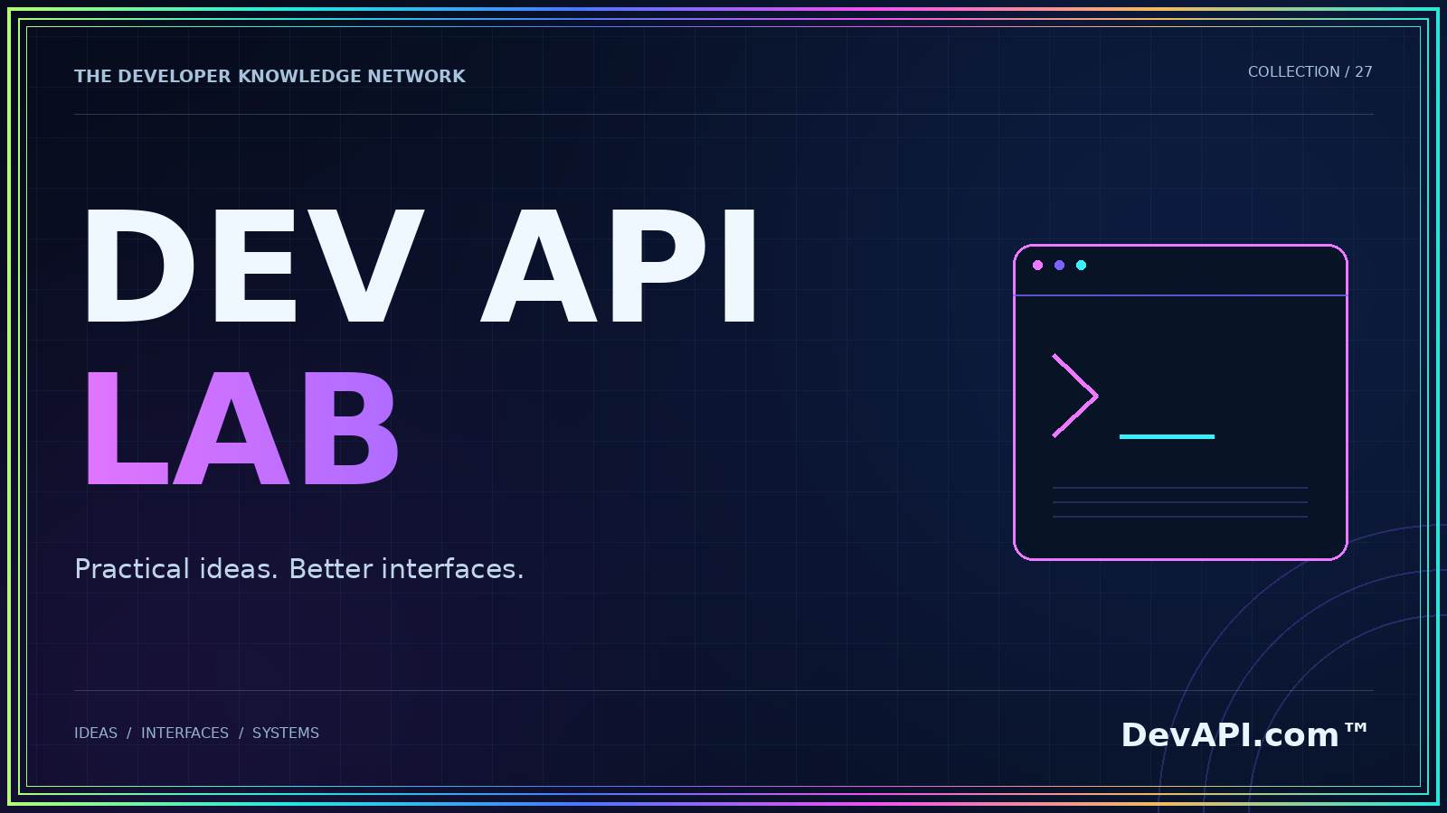 DevAPI.com™ Dev Api Lab — neon typographic artwork with DevAPI.com™ branding